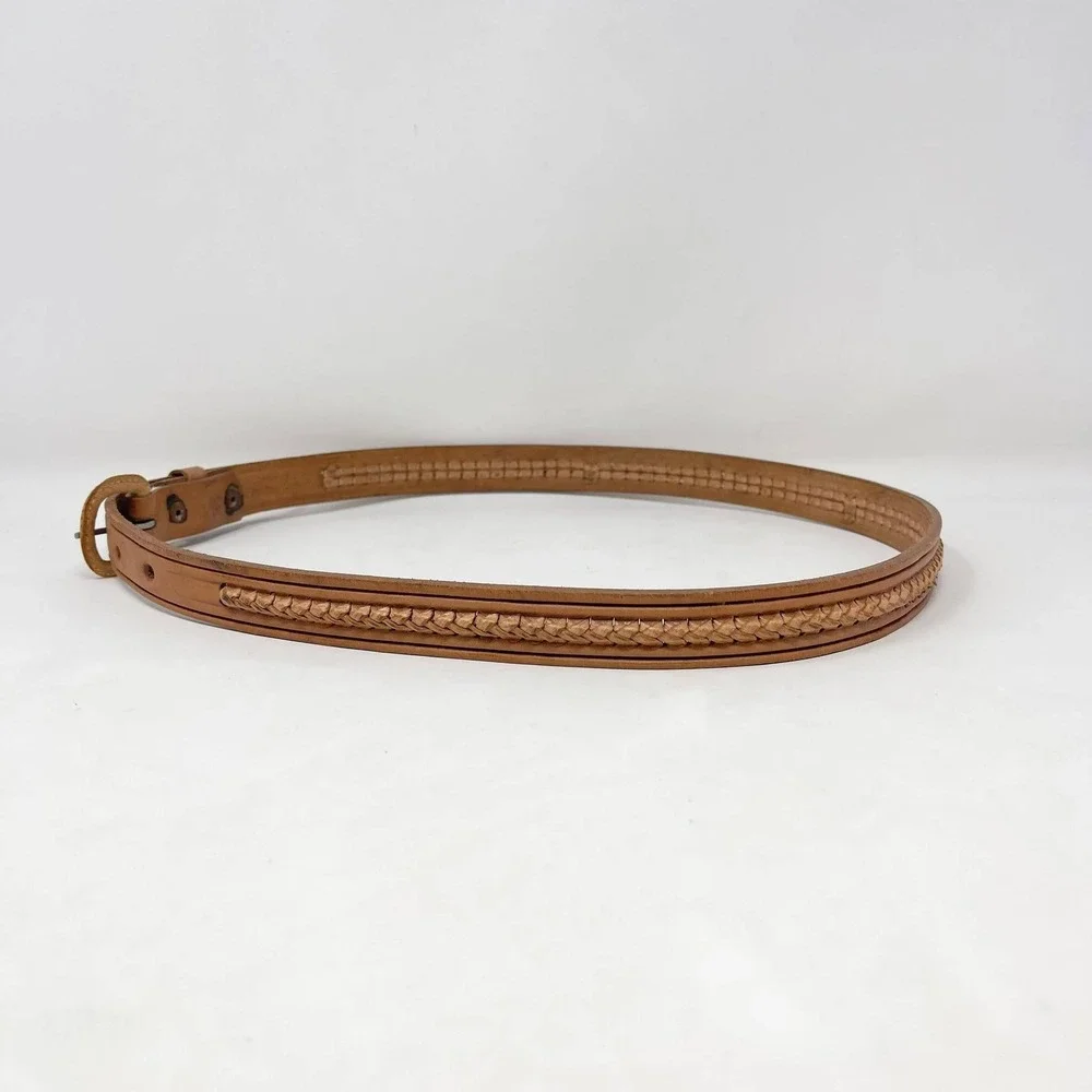 VTG Braided Belt Wms 36 Tan Brown Leather Hand Tooled Covered Buckle Western